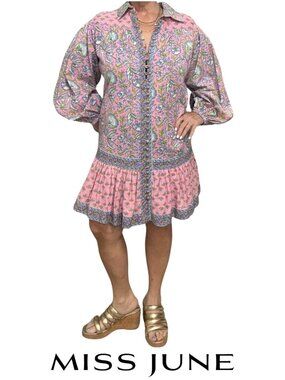 Miss June Lorena Shirt Dress Mini WMNS M/L Pink & Blue Long Sleeve Cotton Floral